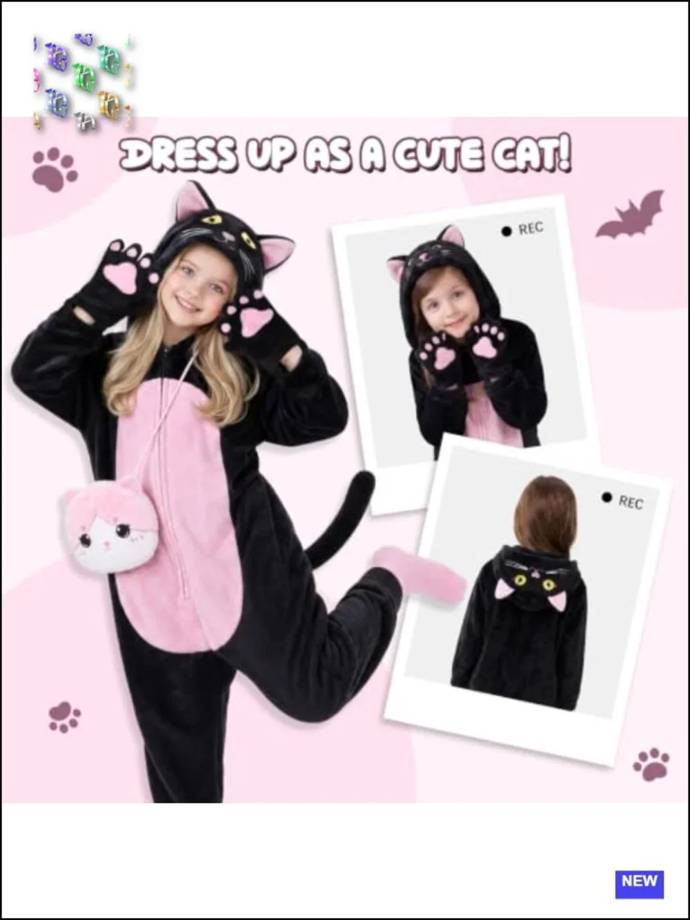 Black Cat Onesie Costume with Purse for Girls Halloween